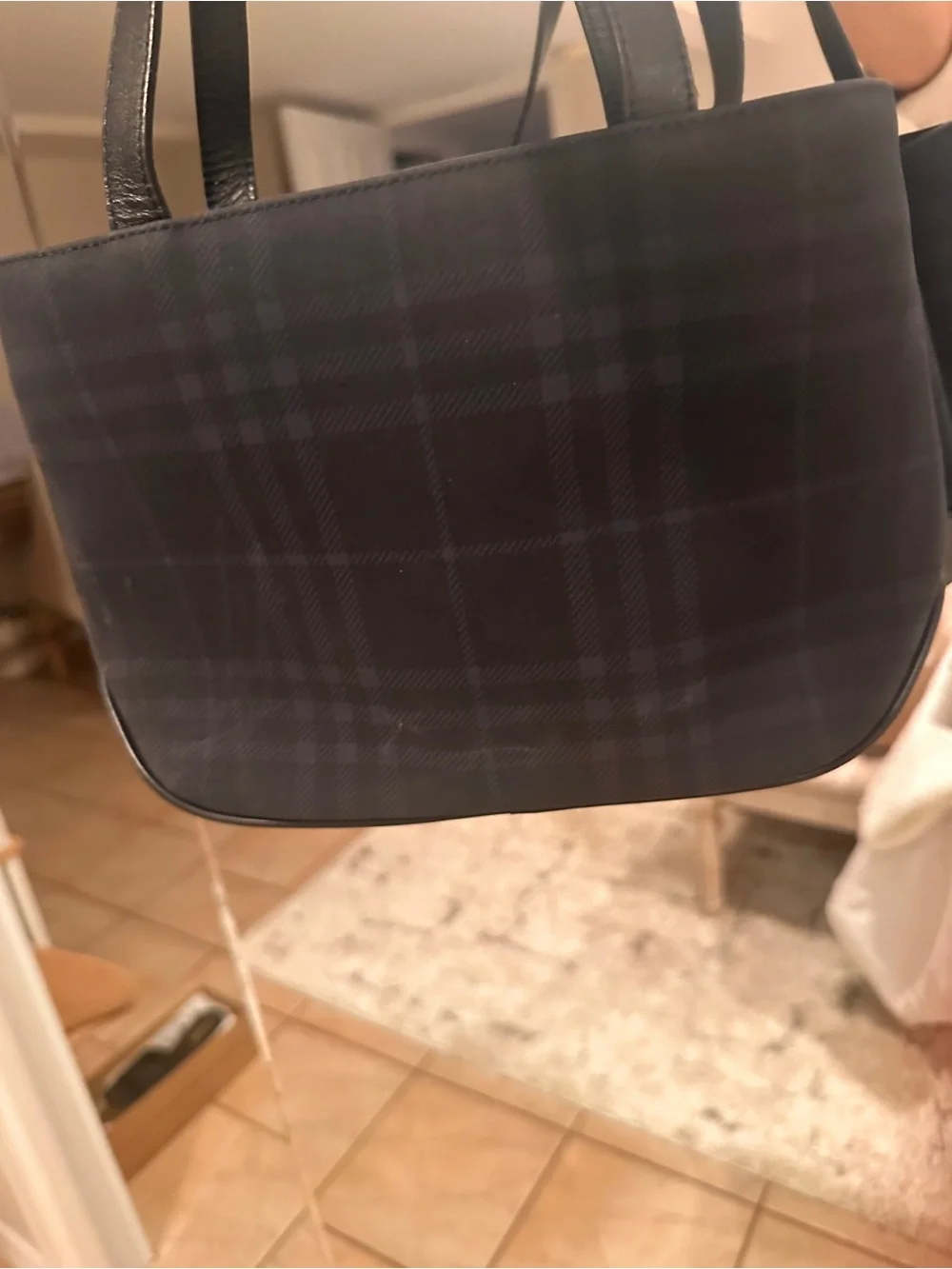 Burberry Black and Blue Plaid Canvas Tote with Leather Handles - Picture 2 of 5